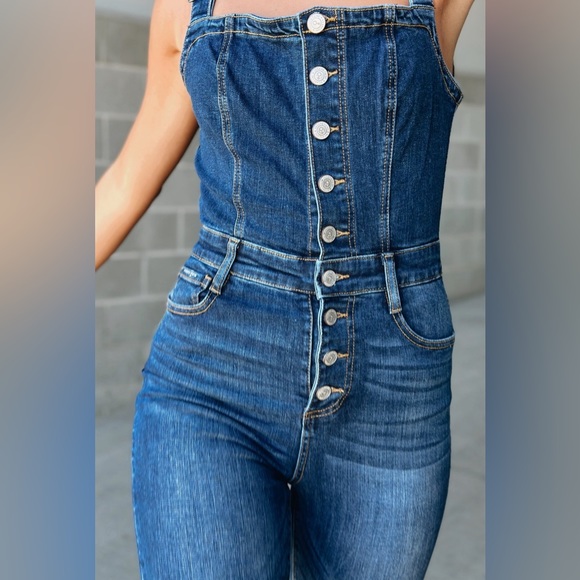 Button Up Denim Overalls Flare Jumpsuit Jumper - Picture 6 of 8